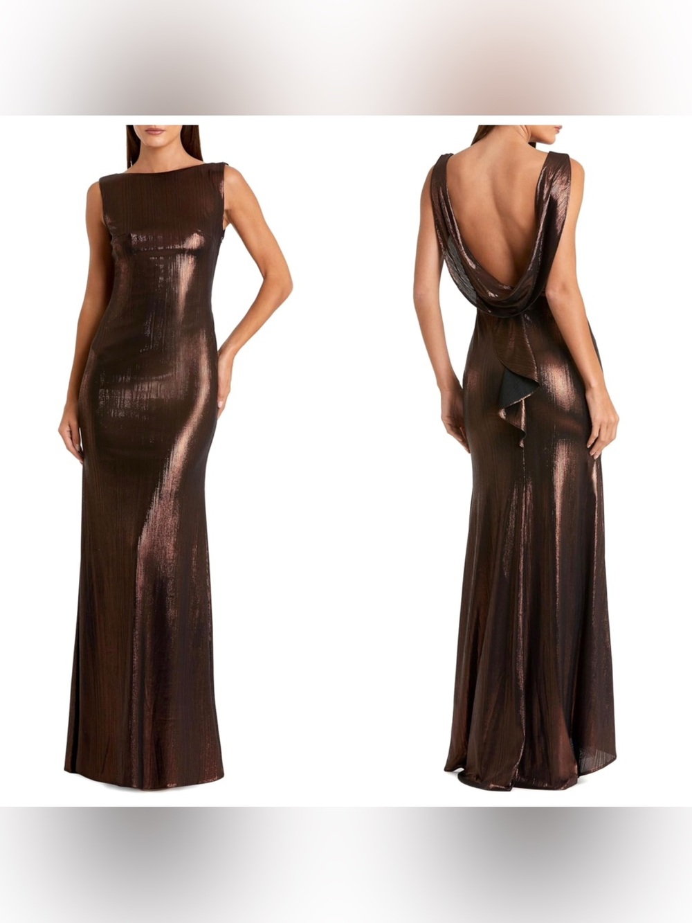 Mac Duggal NWT Metallic Bronze Cowl Back Evening Gown 8P